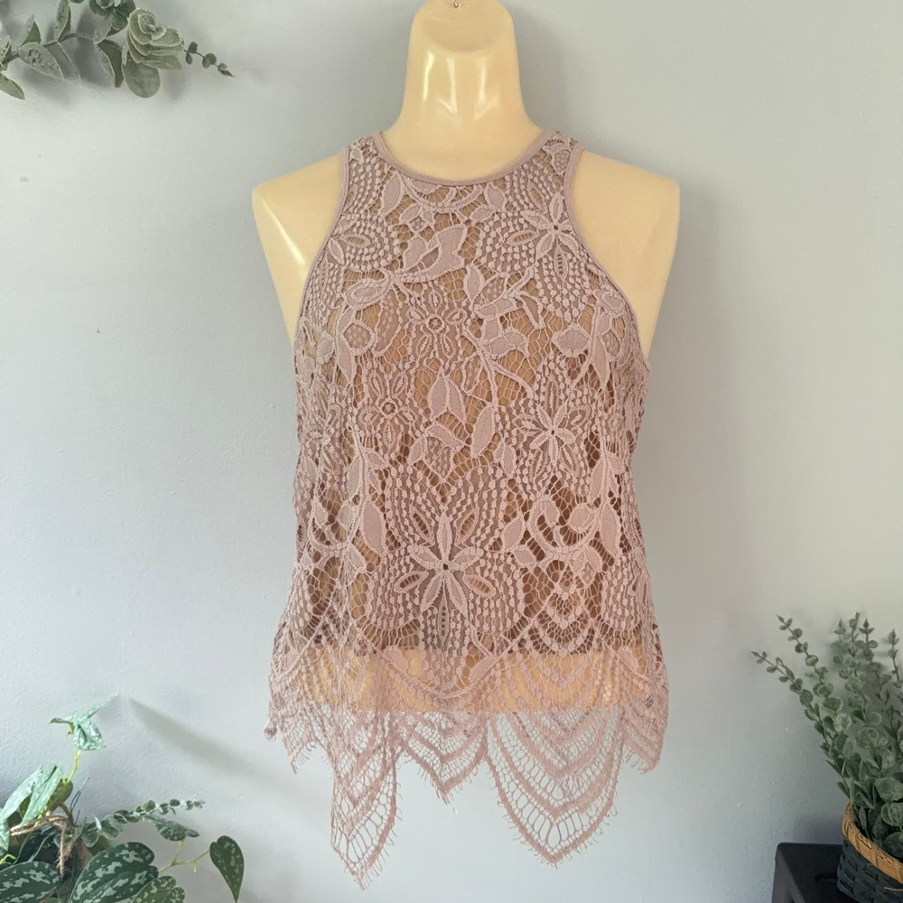 Express Tank Top Coquette Fairy Floral Lace Bohemian Halter Scalloped Wmns S